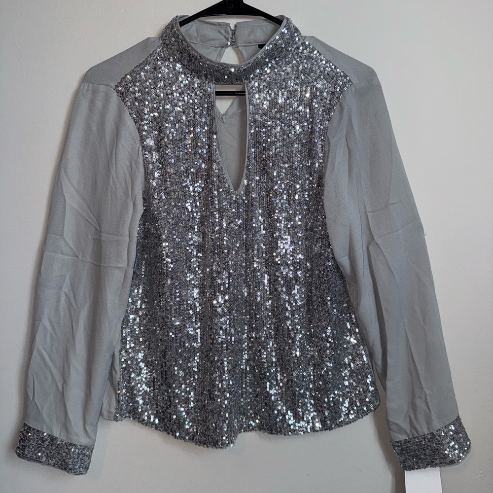 NEW Metropolis Silver Sequin Blouse Long Sleeve Party Top Size S